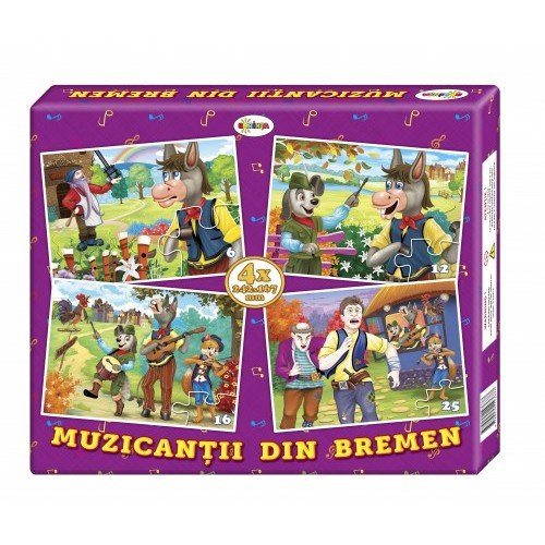 Puzzle - Muzicanții din Bremen (4 imagini în cutie)